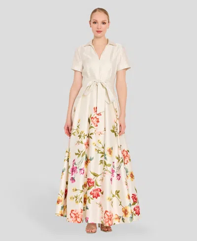 Tahari Asl Women's V-neck Short-sleeve Printed Gown In White