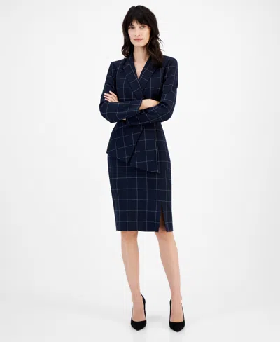 Tahari Asl Women's Windowpane-print Skirt Suit In Navy,ivory