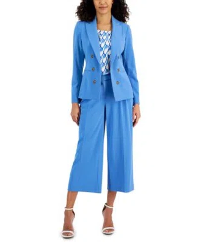 Tahari Asl Womens Faux Double Breasted Boyfriend Blazer Flutter Sleeve Blouse Cropped Pants In Summer Sky