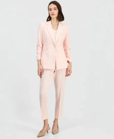 Tahari Asl Womens Faux Pearl Trim Ruched Sleeve Blazer Straight Leg Ankle Pants In Pink