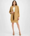 Tahari Asl Womens Faux Suede Stand Collar Jacket Twisted Keyhole Long Sleeve Ribbed Knit Top Faux Suede Pencil In Fawn