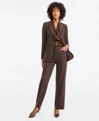 Tahari Asl Womens One Button Blazer Tie Neck Satin Blouse Flare Leg Pants In Brown