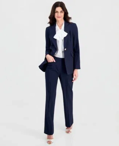 Tahari Asl Womens One Button Blazer Tie Neck Sleeveless Top Flare Leg Pants In Blue