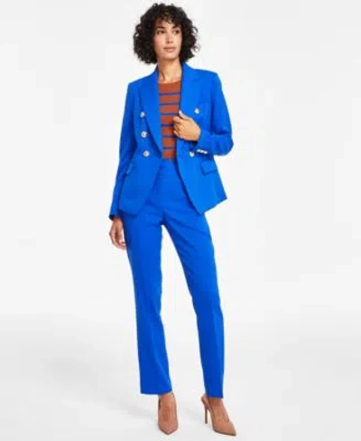 Tahari Asl Womens One Button Double Breasted Blazer Striped Short Sleeve Knit Top Flare Leg Pants In Blue