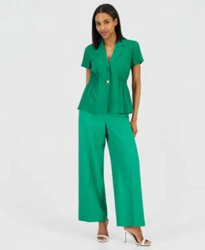 Tahari Asl Womens One Button Short Sleeve Blazer High Rise Wide Leg Pants In Green