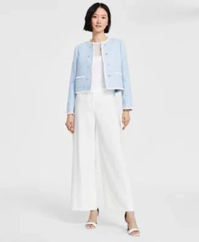 Tahari Asl Womens Open Front Cropped Boucle Jacket Wide Leg Pants In Ice Blue