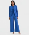 Tahari Asl Womens Peak Lapel One Button Jacket Fine Rib Crewneck Sweater T Shirt Mid Rise Wide Leg Pants In Blue