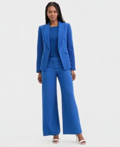 Tahari Asl Womens Peak Lapel One Button Jacket Fine Rib Crewneck Sweater T Shirt Mid Rise Wide Leg Pants In Blue