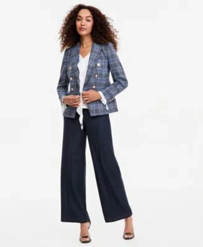 Tahari Asl Womens Plaid Double Breasted Blazer V Neck Ruffle Front Long Sleeve Blouse Wide Leg Mid Rise Denim P In Blue