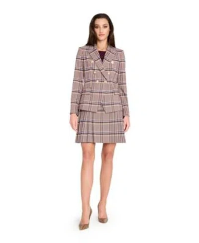 Tahari Asl Womens Plaid Pleated Skirt Double Breasted Blazer Fine Rib Crewneck Sweater T Shirt Regular Petite In Pink