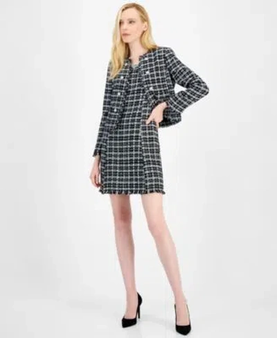 Tahari Asl Womens Raw Edge Boucle Dress Collarless Blazer In Black Ivory