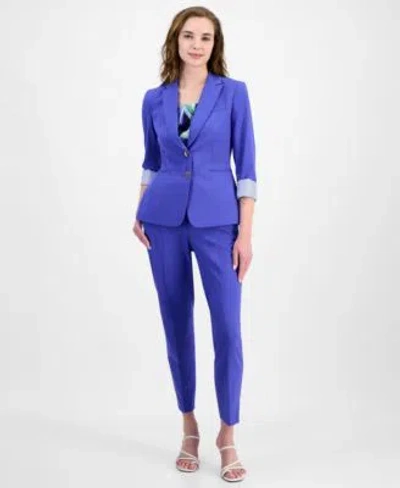 Tahari Asl Womens Roll Tab Jacket Printed Tank Top Ankle Pants In Pacific Blue