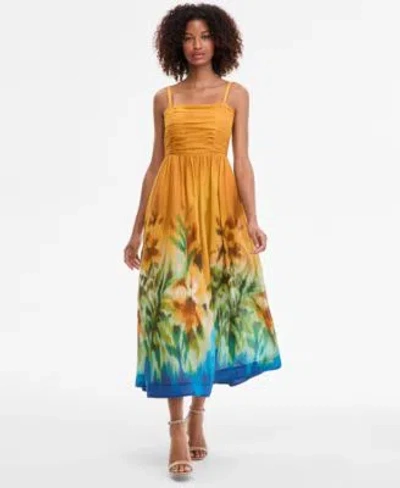 Tahari Asl Womens Ruched Bodice Border Print Midi Dress 0p 16 In Orange