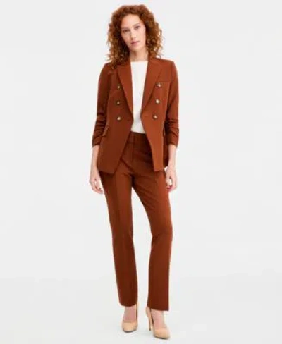 Tahari Asl Womens Ruched Sleeve Double Breasted Blazer Seamed Waistband Pants In Brown