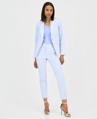 Tahari Asl Womens Seersucker Stripe Cotton One Button Blazer V Neck Sleeveless Ribbed Knit Top Seersucker Strip In Blue