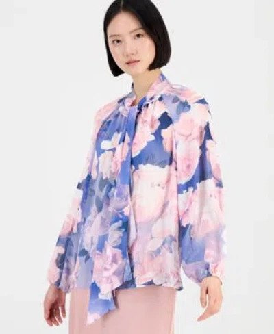 Tahari Asl Womens Tie Neck Blouson Sleeve Blouse In Multi