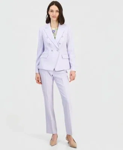Tahari Asl Womens Twill Peak Lapel Faux Double Breasted Blazer Scoop Neck Sweater Flat Front Straight Leg Pants In Blue