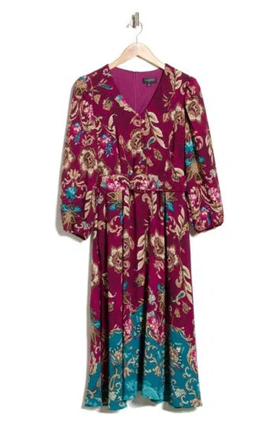 Tahari Belted Long Sleeve Midi Dress In Cranberry Teal
