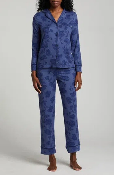 Tahari Brushed Jersey Long Pajamas In Navy Floral