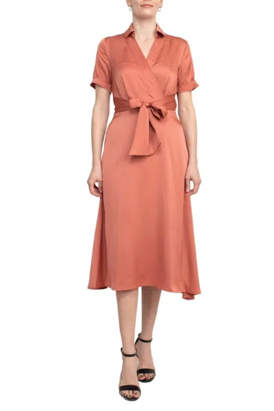 Tahari By Asl Collared Pleated V-neck Tie Waist Dress In Rose In Brown