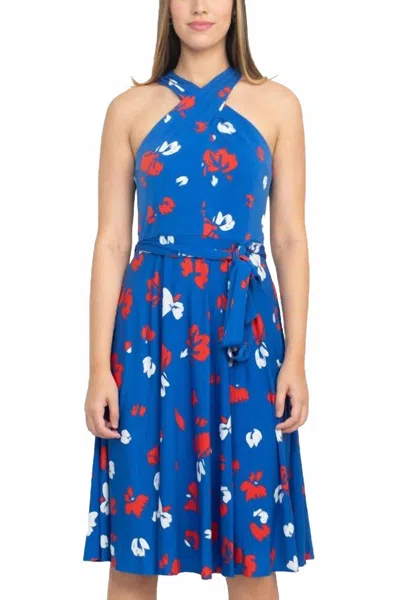 Tahari By Asl Crossed Neck Print Jersey Dress In Blue Multi