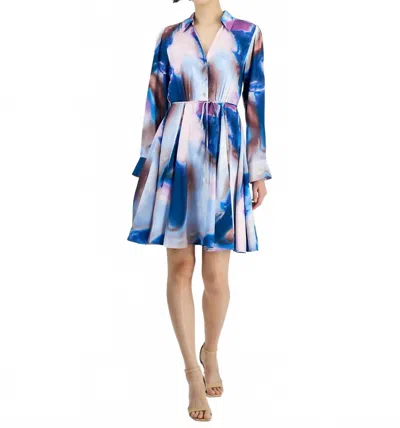 Tahari By Asl Spread-collar Long-sleeve Dress In Indigo Multi