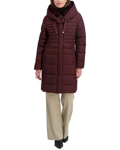 Tahari Casey Hooded Bib Puffer Coat In Burgundy
