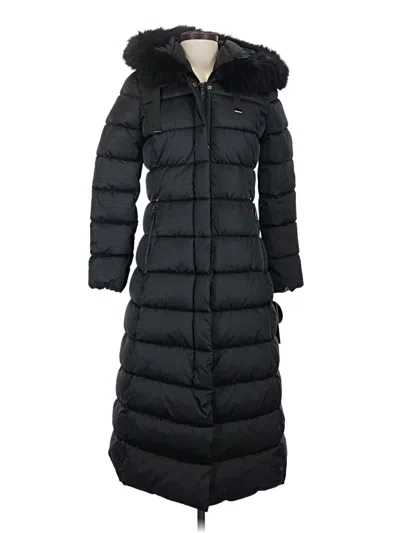 Tahari Womens Maxi Shine Bibbed Faux-fur-trimmed Hooded Puffer Coat In Black