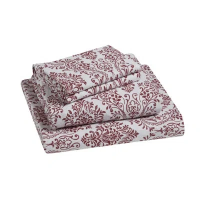 Tahari Damask Triple Brushed Cotton Flannel Bed Sheet Set In Red,white