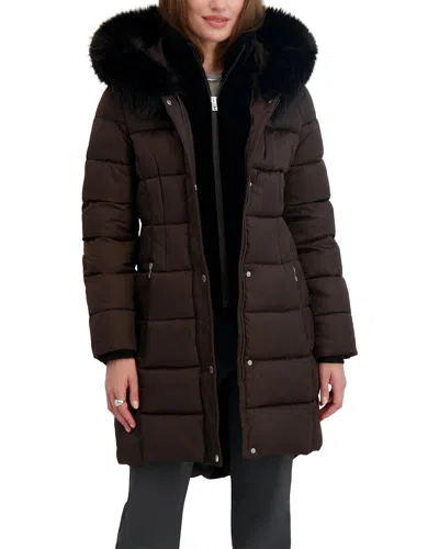 Tahari Womens Velvet Bibbed Faux-fur Hooded Puffer Coat In Brown