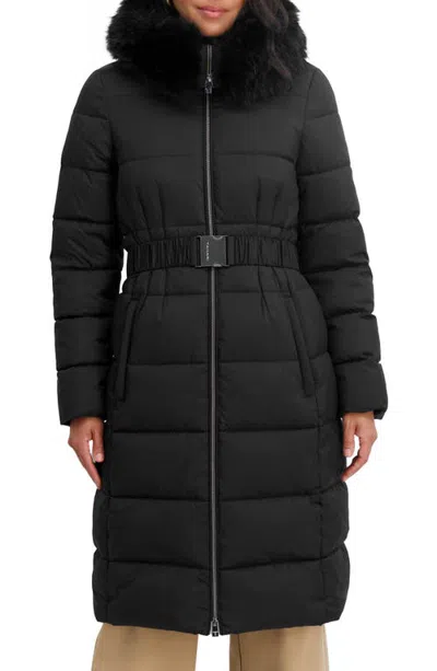 Tahari Emily Faux Fur Trim Hooded Puffer Coat In Black