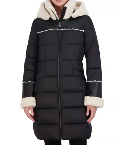 Tahari Faux-shearling-trim Hooded Puffer Coat In Black