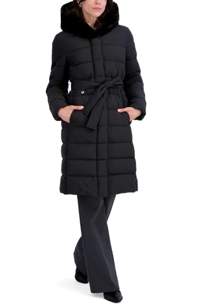 Tahari Glenn Water Resistant Faux Fur Trim Belted Puffer Coat In Black