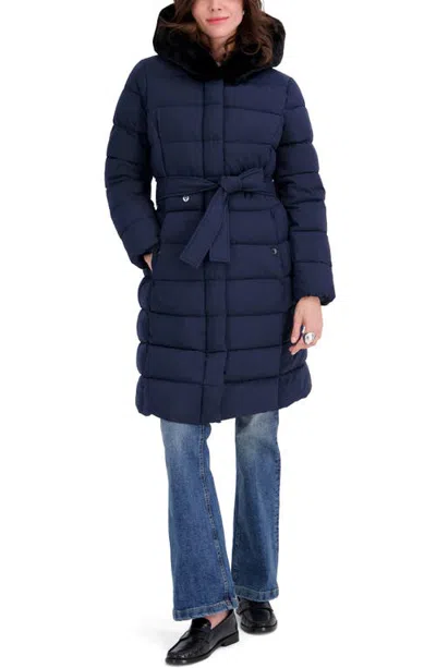 Tahari Glenn Water Resistant Faux Fur Trim Belted Puffer Coat In Blue