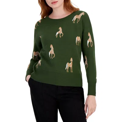 Tahari Horse Womens Graphic Knit Crewneck Sweater In Multi