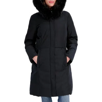 Tahari Kingsly Water Resistant Parka With Faux Fur Trim In Black