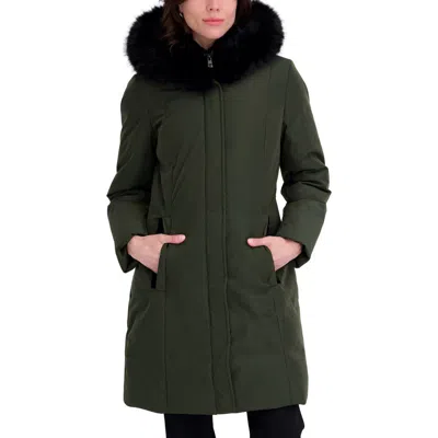 Tahari Kingsly Water Resistant Parka With Faux Fur Trim In Green