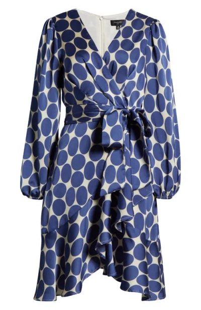 Tahari Long Sleeve Faux Wrap Dress In Sand Indigo