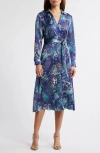 Tahari Long Sleeve Hammered Satin Wrap Front Shirtdress In Indigo Snake