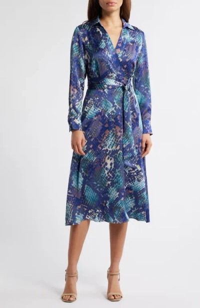 Tahari Long Sleeve Hammered Satin Wrap Front Shirtdress In Indigo Snake