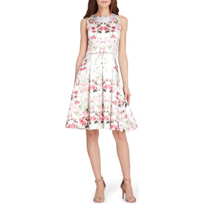Tahari Micado Floral Print Fit & Flare Dress In White