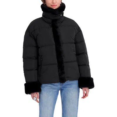 Tahari Montana Faux Shearling Trim Puffer Jacket In Black