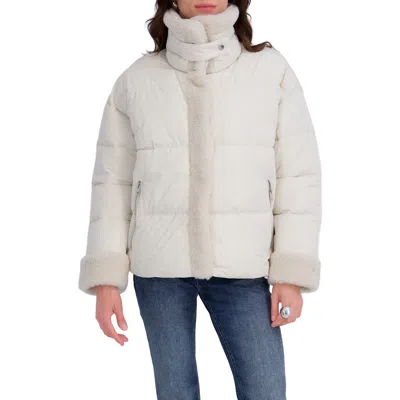 Tahari Montana Faux Shearling Trim Puffer Jacket In White