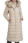 Tahari Womens Maxi Shine Bibbed Faux-fur-trimmed Hooded Puffer Coat In Neutral