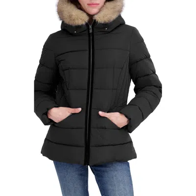 Tahari Nico Faux Fur Trim Water Resistant Puffer Coat In Black