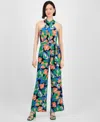 Tahari Petite Floral-print Tie-belt Crossover-neck Jumpsuit In Black,orange