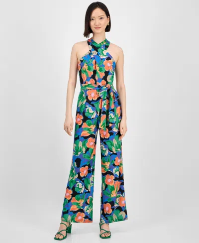 Tahari Petite Floral-print Tie-belt Crossover-neck Jumpsuit In Black,orange
