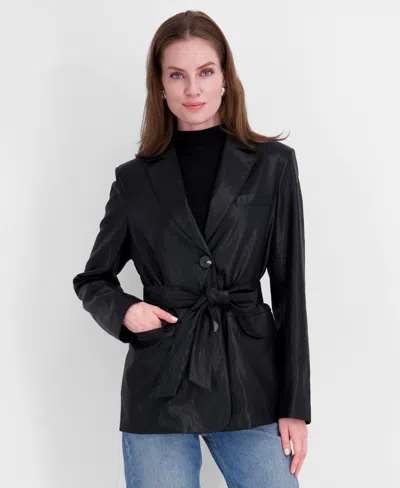 Tahari Petite Hooded Belted Faux-leather Trench Coat In Black