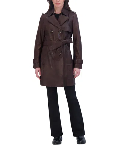 Tahari Petite Natalie Belted Leather Trench Coat In Chocolate