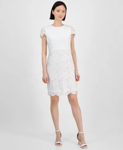 Tahari Petite Paisley Lace Cap-sleeve Sheath Dress In White